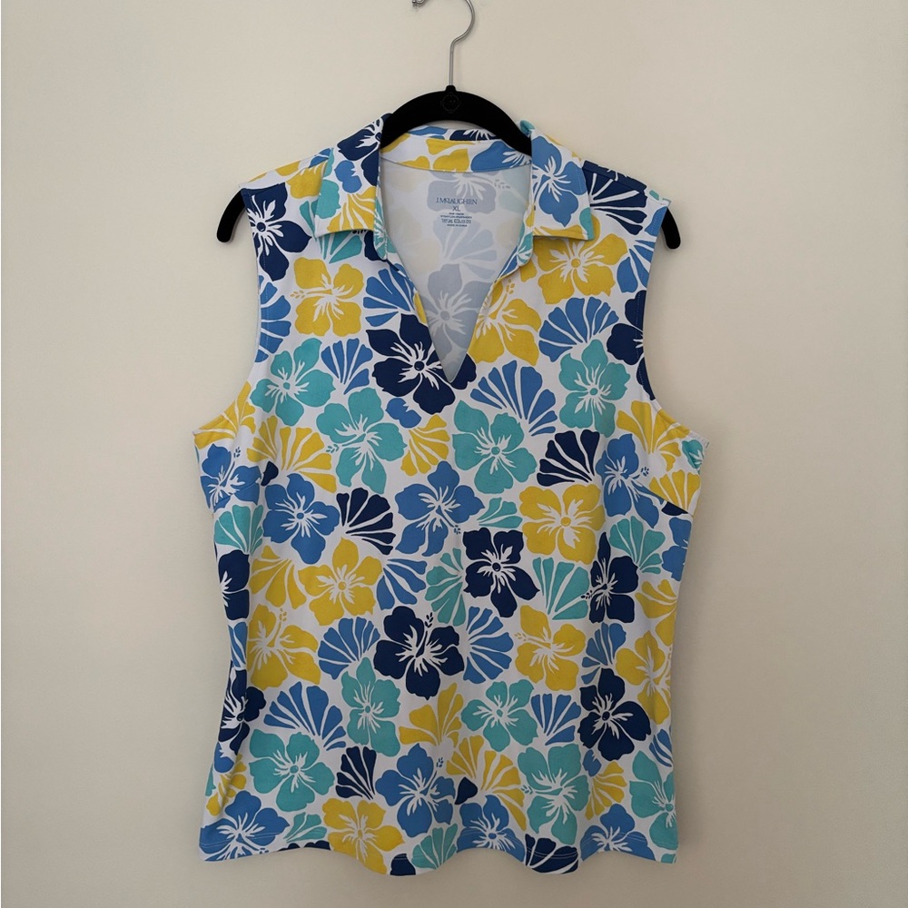 Sleeveless Floral Polo Tank Top - Yellow Blue Multi